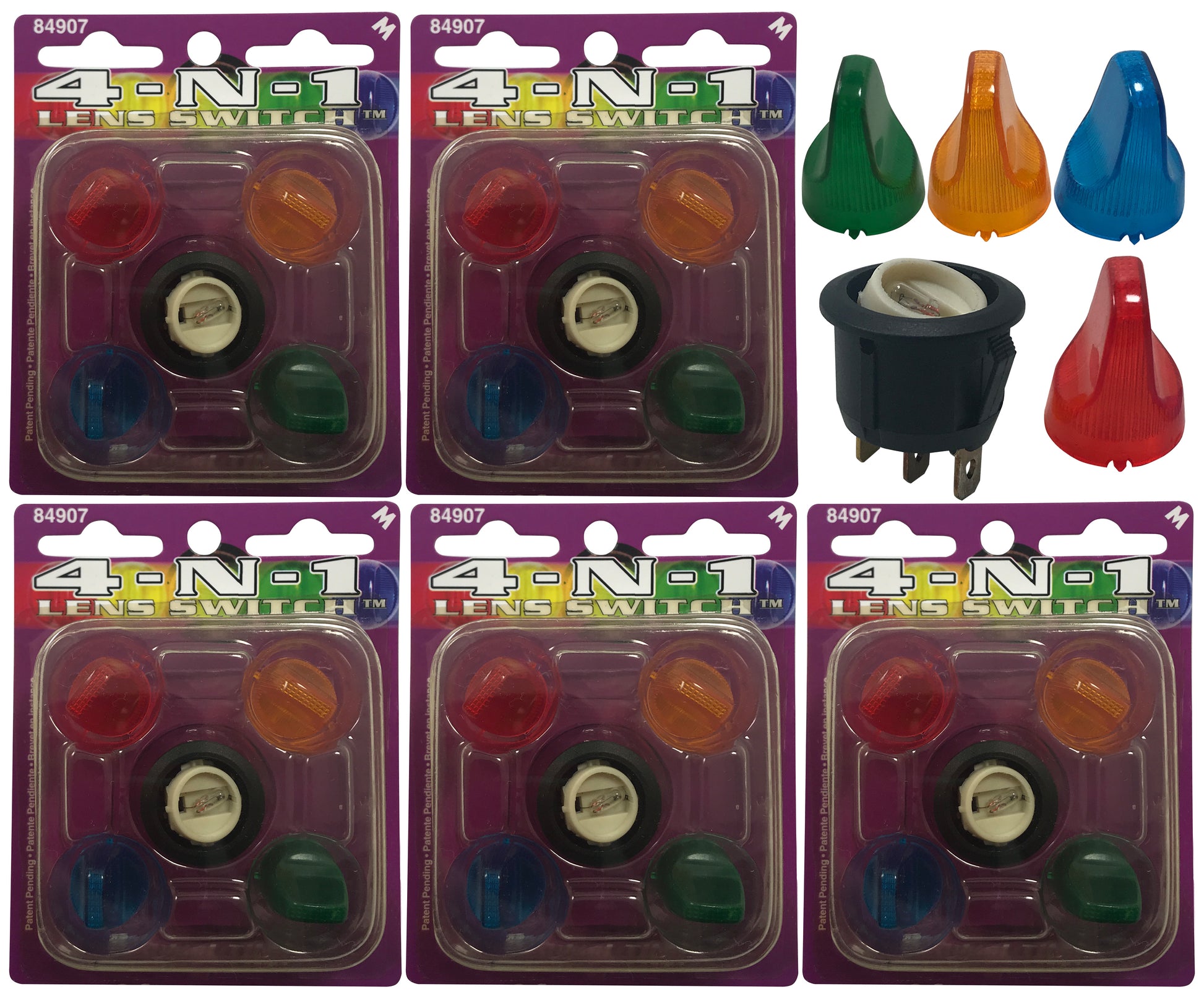 (5) Illuminating Toggle Switch 4-IN-1 Lens Kit 12V 20A - Red Yellow Blue Green