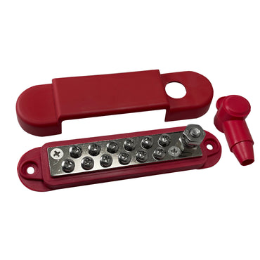 12 Point Power Distribution Block Terminal Busbar with Red Cover & Insulator Boot - 1/4" Post