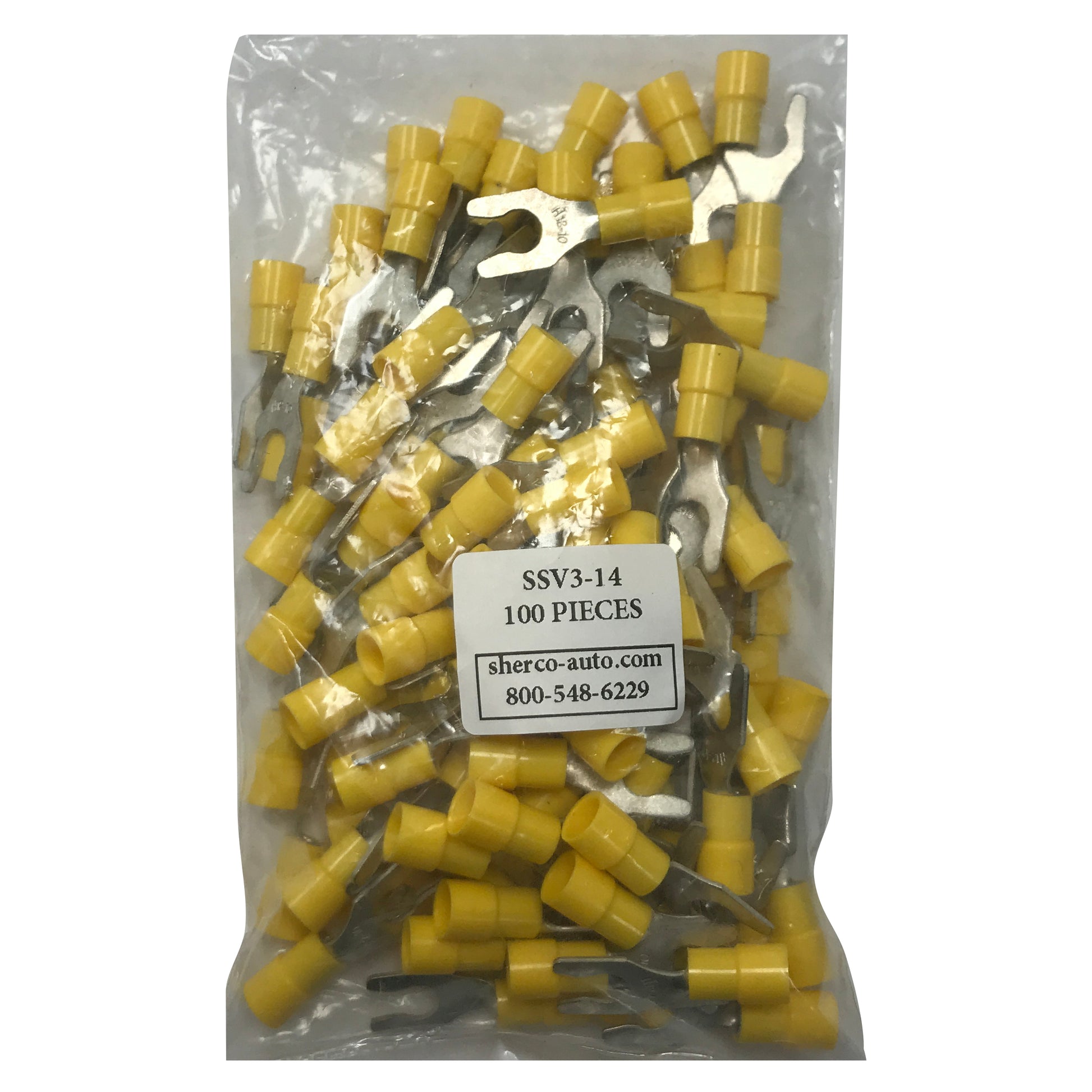 Vinyl Insulated Yellow Spring Spade Terminal 12-10 Gauge 1/4 Stud Connector - 100 Pack