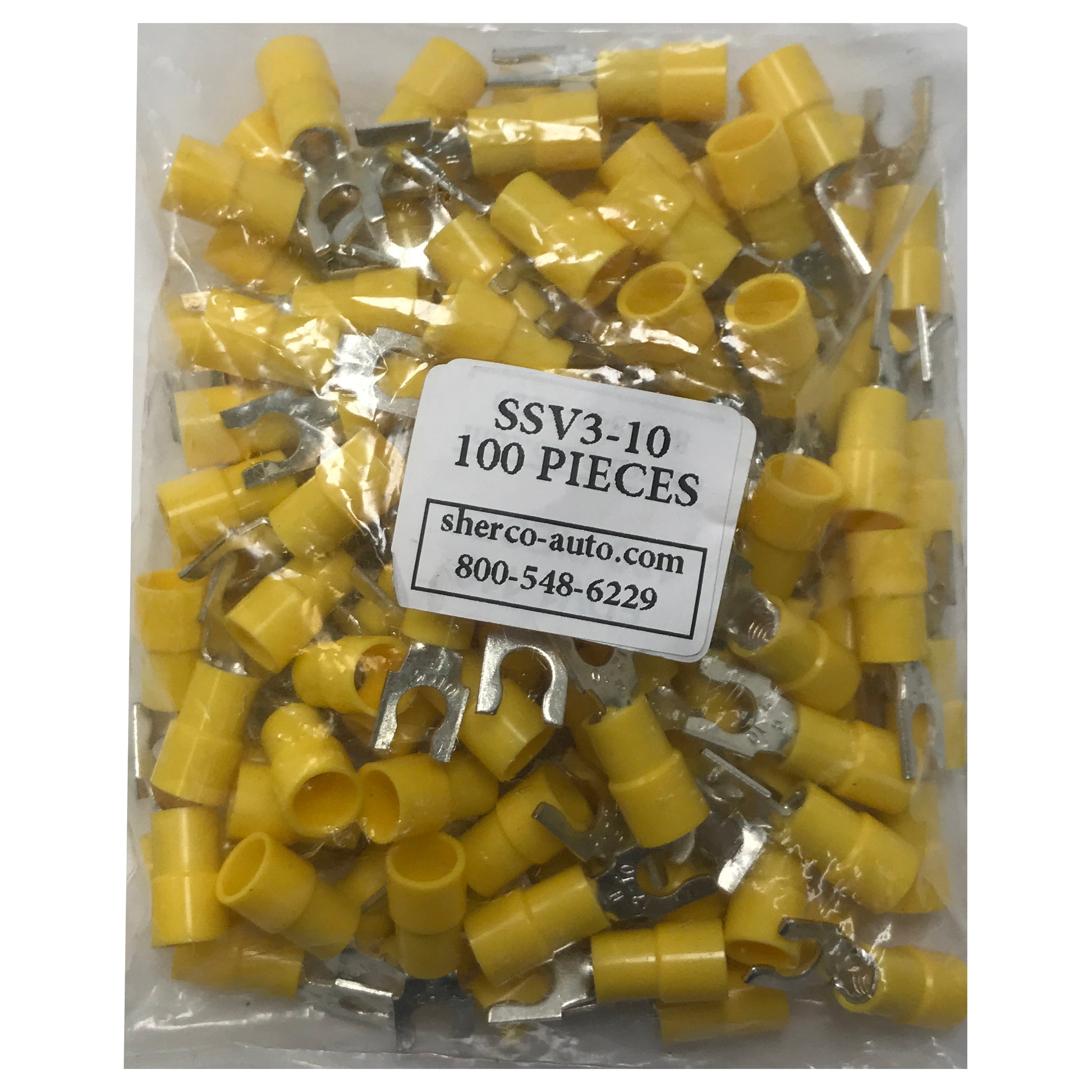 Vinyl Insulated Yellow Spring Spade Terminal 12-10 Gauge #10 Stud Connector - 100 Pack