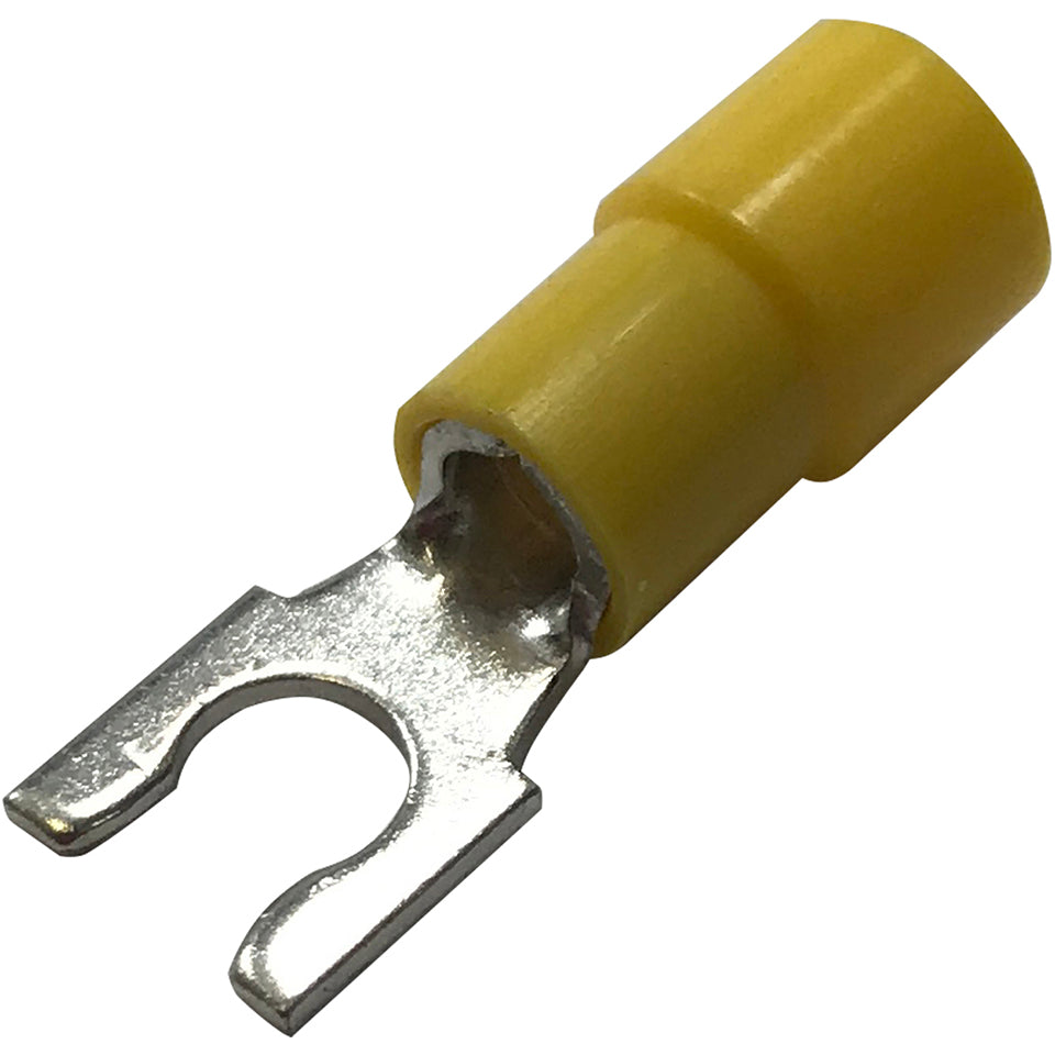 Vinyl Insulated Yellow Spring Spade Terminal 12-10 Gauge #10 Stud Connector - 100 Pack