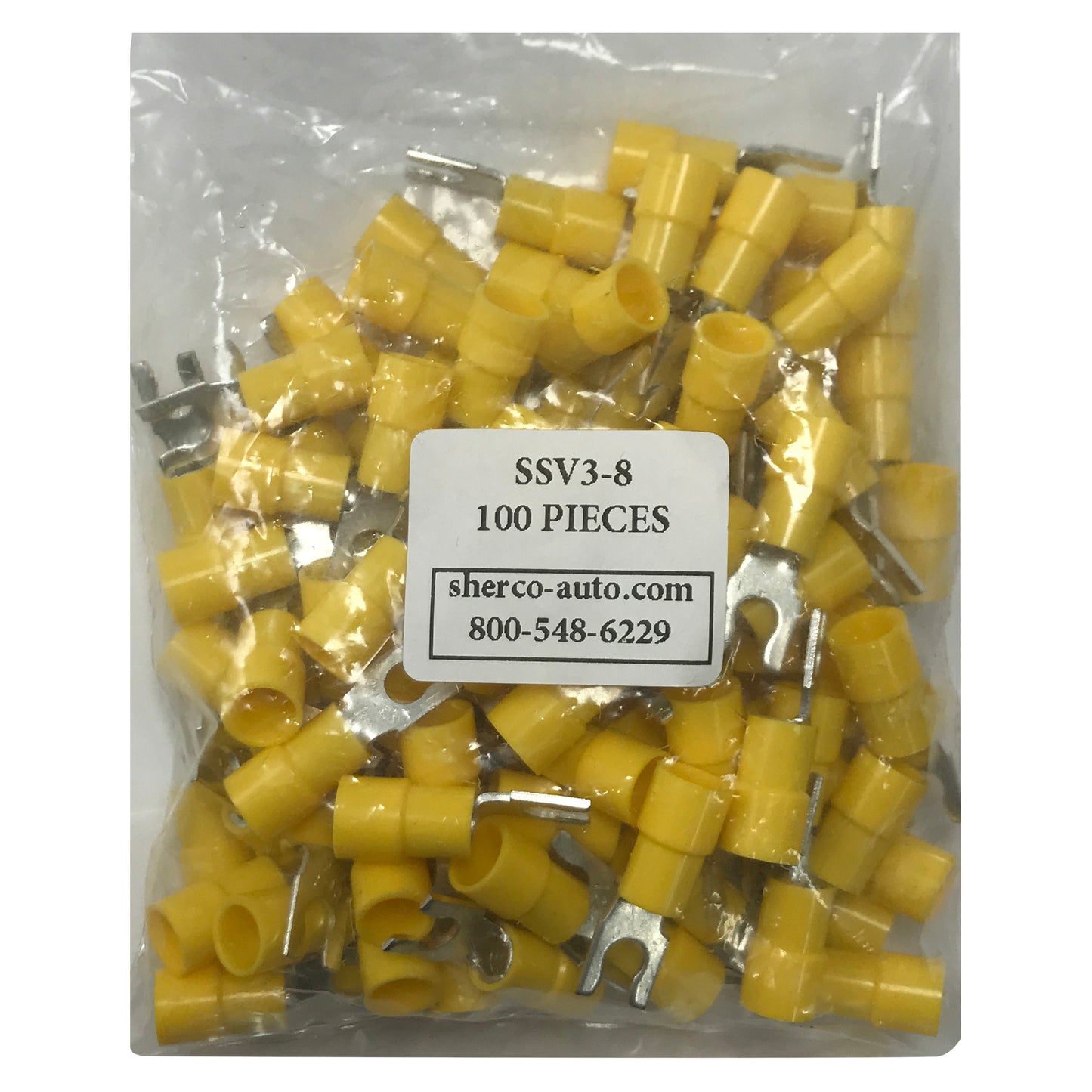 Vinyl Insulated Yellow Spring Spade Terminal 12-10 Gauge #8 Stud Connector - 100 Pack