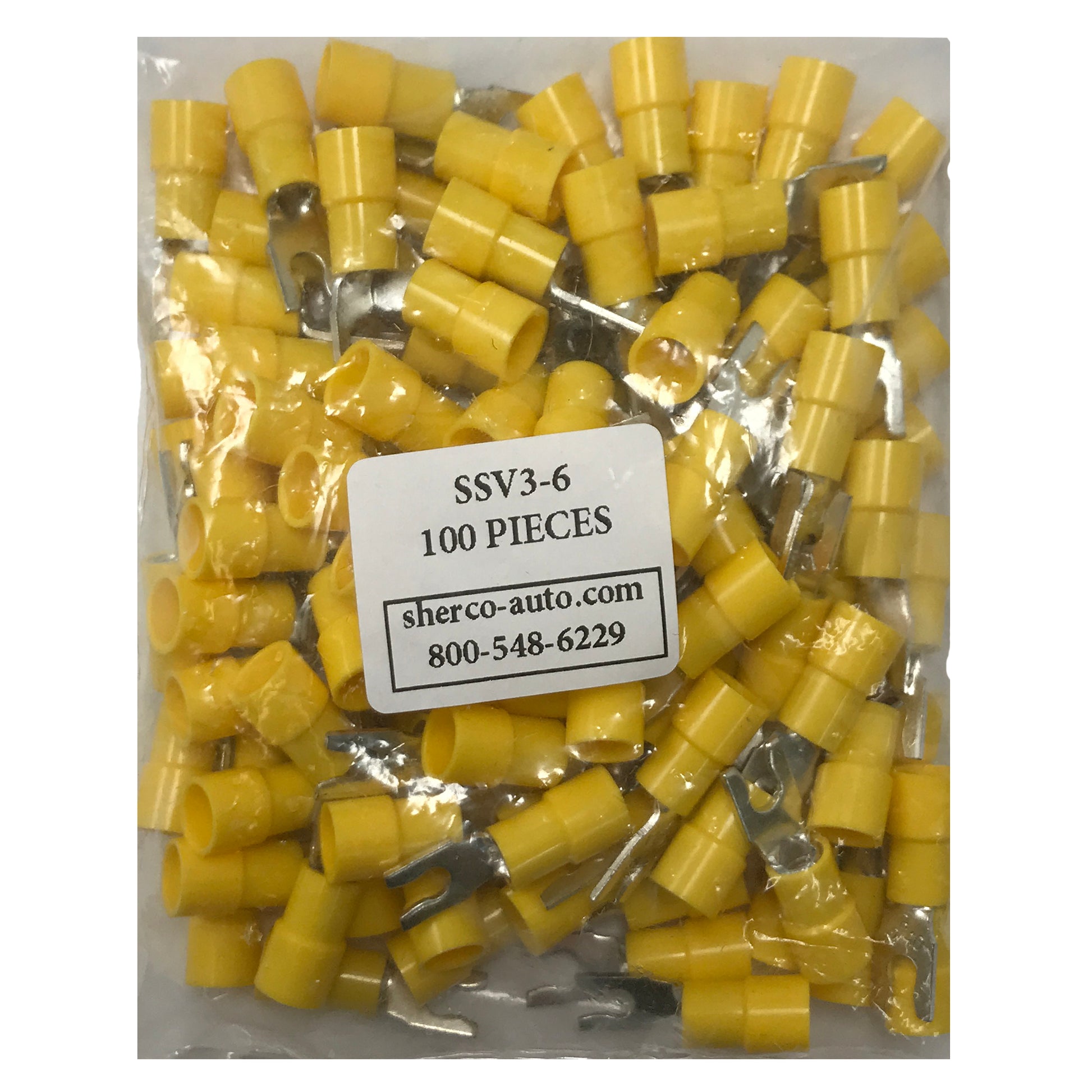 Vinyl Insulated Yellow Spring Spade Terminal 12-10 Gauge #6 Stud Connector - 100 Pack