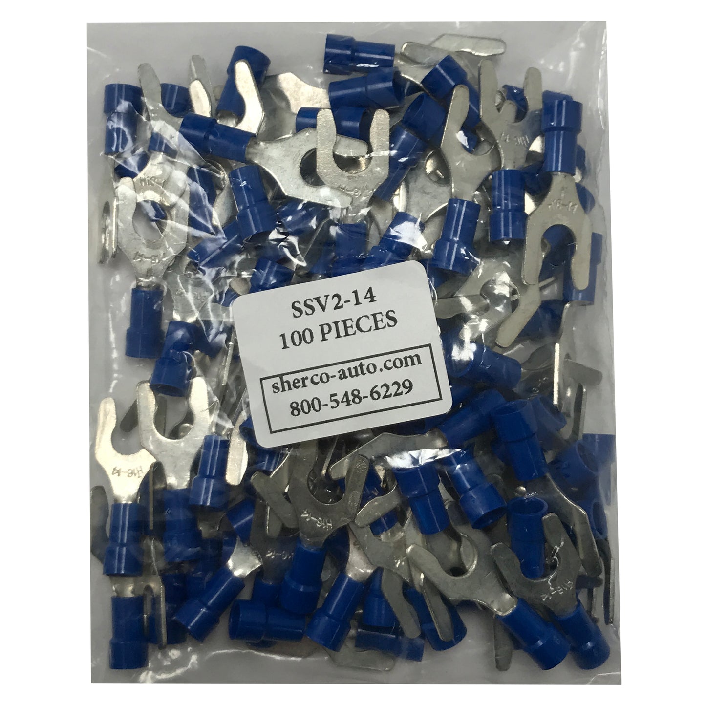 Vinyl Insulated Blue Spring Spade Terminal 16-14 Gauge 1/4 Stud Connector - 100 Pack