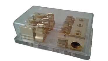 Gold Plated AGU Glass Fuse Block - 3 Position (3) 1/0 GA in, (3) 8 Ga out