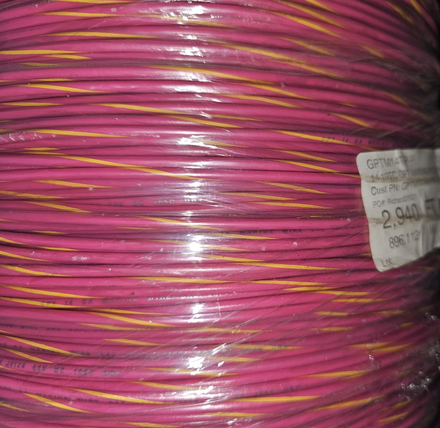 14 AWG Pink with Yellow Stripe Marine Tinned Wire 600V  100 ft