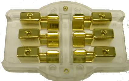 Gold Plated AGU Glass Fuse Block - 3 Position (3) 8 GA in, (3) 8 Ga out